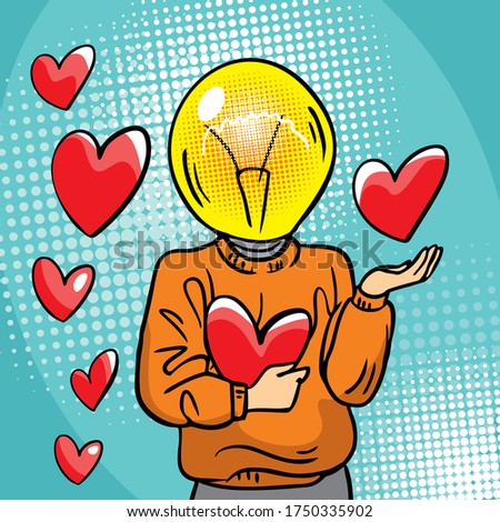 Woman or man with idea light bulb head concept. A person in a sweater holds a heart in his hand. Background of a lot of hearts. New idea, love, like.