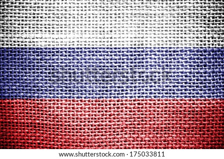 Texture of sackcloth with the image of the Russia flag. 