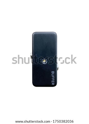 mini black buffer stomp box guitar effect on white with clipping path.  buffer pedal is a tiny amplifier that isolates the incoming high impedance signal sent from the guitar into a unity level.