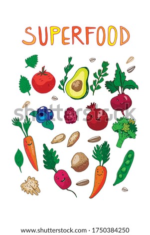 Superfood  poster with vegetable characters with happy smiling faces in a cartoon style. Hand drawn vectorized illustration set of superfood nutrition concept with avocado, pomegranate, broccoli