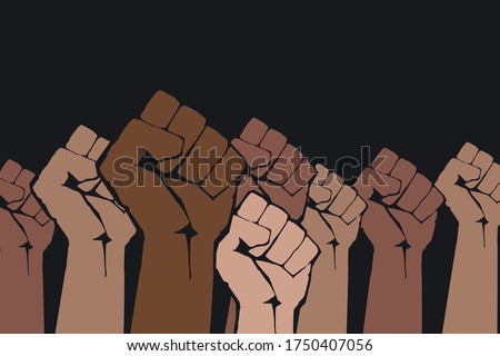 Stop racism. Many multi colored fist protesting on dark background. Black lives matter. Different races hands protest, interracial community unity. Modern vector in flat style. New movement Royalty-Free Stock Photo #1750407056