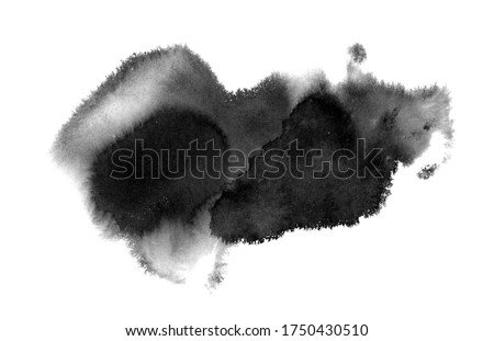 Art of Watercolor. Black spot on watercolor paper. Abstract gray spot on white background. Ink drop. Gray color. Royalty-Free Stock Photo #1750430510