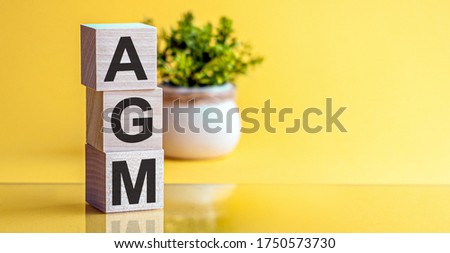 AGM - Annual general meeting - acronym on wooden cubes on yellow backround. Business concept. Royalty-Free Stock Photo #1750573730