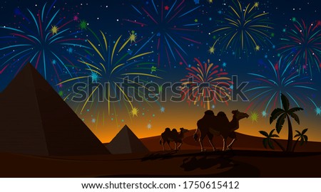 Desert with celebration fireworks illustration