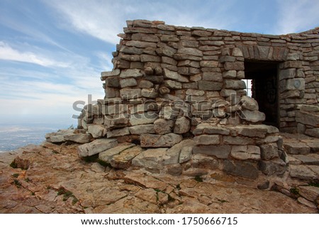 Stone ruins of Kiwanis Cabin on the Sandia Crest in the Sandia Mountains outside of Albuquerque, New Mexico