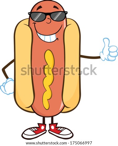 Smiling Hot Dog Cartoon Mascot Character With Sunglasses Showing A Thumb Up. Raster Illustration. 
