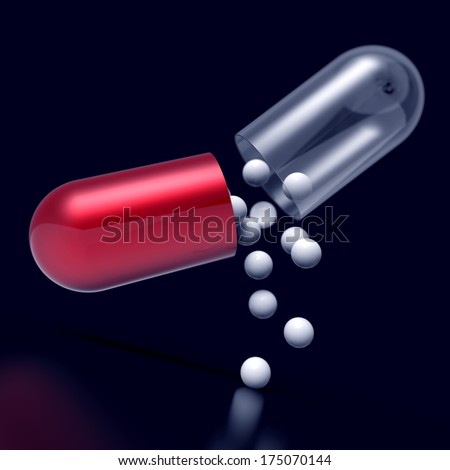 dynamic 3d render of a opening capsule pill on a dark and shiny background