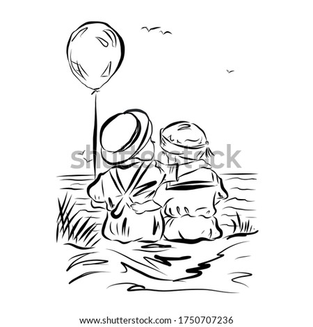 Little boys hug in straw hats sitting on seashore. Boy holds balloon. Friends on beach in headwears who protecting from sun. Joyful childhood moment summer vacation. Fun leisure outdoor. Coloring book