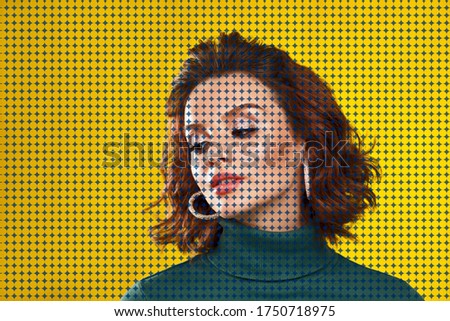 Portrait of a woman in pop art style. Yellow and blue mosaic. Concept and design.