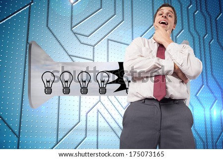 Thoughtful businessman with hand on chin against circuit board on futuristic background