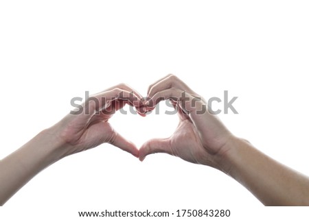 Man and Woman holding hands in heart shape, a sign of love on white isolated background.