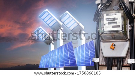 Electricity meter Solar cell system of Cement electricity for use in home appliance with copy space.This is a modern technology that can monitor the home's electrical energy consumption.Electricitymet
