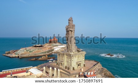 Vivekananda Rock Memorial and Thiruvalluvar Statue Aerial View in Kanyakumari, India Royalty-Free Stock Photo #1750897691