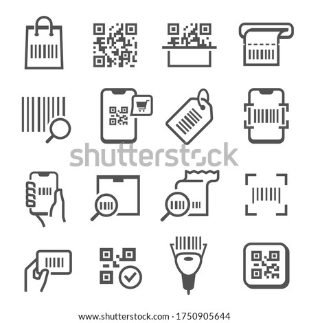 QR, matrix code scanning, reading thin line icons set isolated on white. Barcode identification, checking by application software, mobile devices, scanners, readers outline pictograms collection.