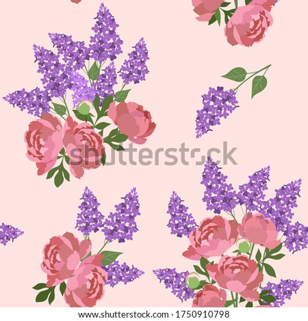 Seamless pattern with peonies and lilac on pink background.Vector illustration. 