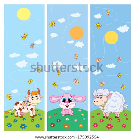 Set of book-marks for children with merry personages on green to the meadow: hare, cow, sheep.