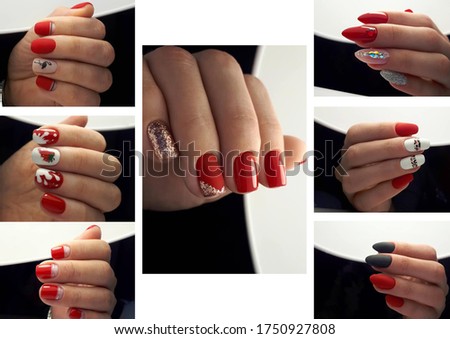collage of photos of female hands with red gel polish and different designs