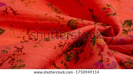 Texture, background, pattern, pink cotton fabric with a print of flowers