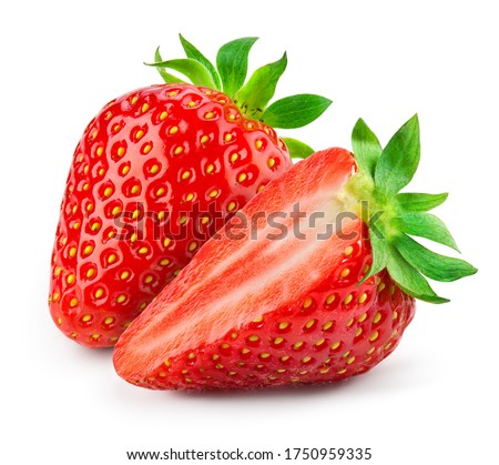 Strawberry isolated. Strawberries isolate. Whole, half, cut strawberry on white. Strawberries isolate. Side view organic strawberries. Full depth of field. With clipping path. Royalty-Free Stock Photo #1750959335