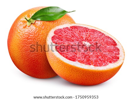 Grapefruit isolated. Pink grapefruit with leaf. Whole grapefruit with slice on white. Grapefruit slices with zest isolate. With clipping path. Full depth of field. Royalty-Free Stock Photo #1750959353