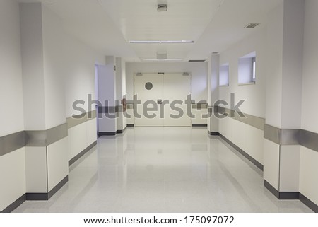 Empty hospital hall with white walls, medicine Royalty-Free Stock Photo #175097072