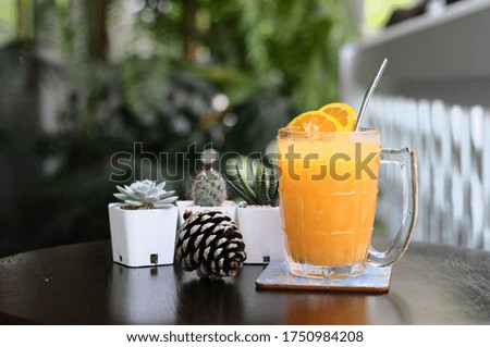 Glass jar of fresh orange juice on wooden table. Orange juice and cactus. selective focus.