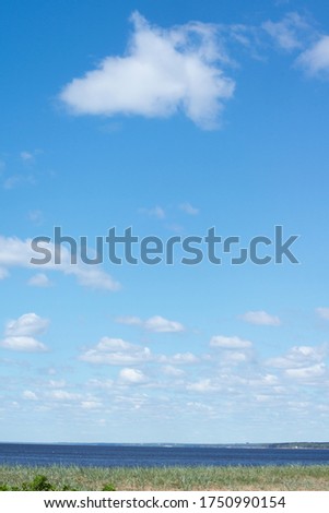summer landscape. blue sky with clouds. a narrow strip of sea and shore. vertical orientation
