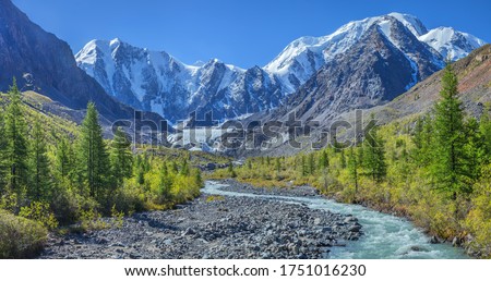 Picturesque mountain landscape, Altai, Russia. Gorge with a mountain river, rocky slopes, snow-capped peaks. Summer travel, hiking.  Royalty-Free Stock Photo #1751016230