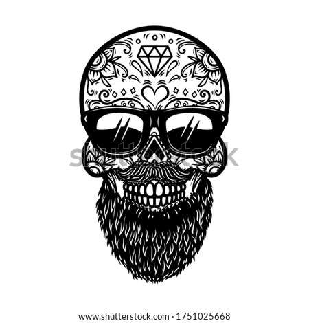 Illustration of bearded mexican sugar skull in sunglasses. Design element for poster, card, banner, logo, label, sign, badje, t shirt. 