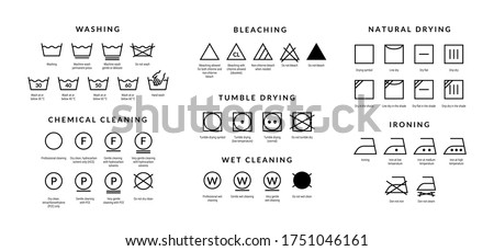 Laundry care icons. Machine and hand wash advice symbols, fabric cotton cloth type for garment labels. Vector illustrations symbolism wash description