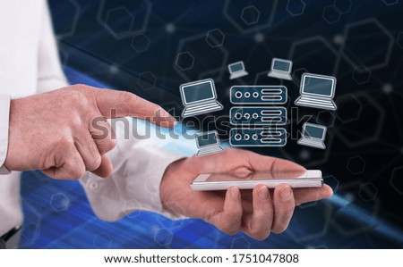 Hosting concept above a smartphone held by a man