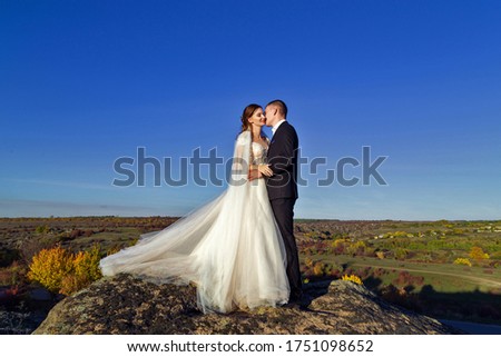 Wedding photo of a beautiful couple on a rock