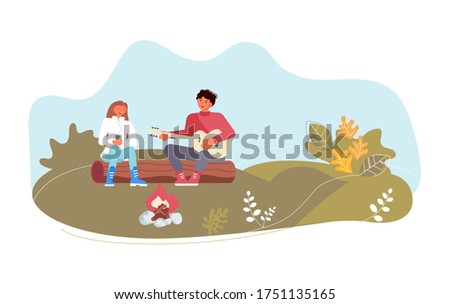 Ñouple in love together by the campfire. Outdoor recreation, picnic with campfire. Outdoor summer activity, leisure time. Flat Art Rastered Copy