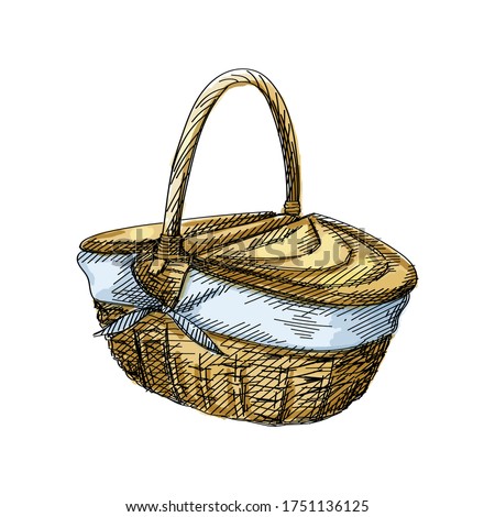 Watercolor colorful Hand-drawn sketch of a round basket with split, dual-entry lid and blend liner for picnic on a white background.	
