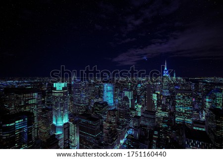 Dark Mode Neon Cityscape at Night with Starry Sky Background and vibrant lights