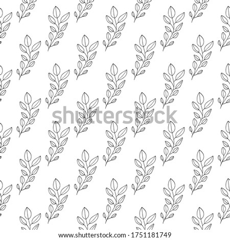 Black and white seamless pattern witn leaves and brunches. Floral doodle background. Hand drawing outline vector illustrarion.