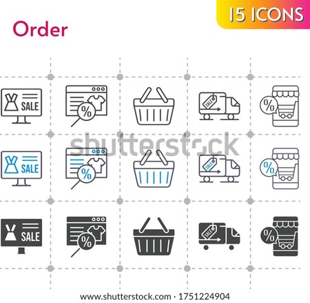 order icon set. included online shop, shopping-basket, delivery truck, shopping basket icons on white background. linear, bicolor, filled styles.