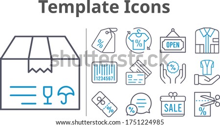template icons set. included gift, package, shirt, chat, voucher, price tag, discount, jacket, credit card, barcode, open icons. bicolor styles.