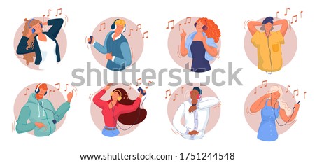 Music listening. Smiling men and women listening to music on smartphone, dancing, singing song, relaxing and having fun set. Music lovers wearing headphones and enjoying modern audio sound collection Royalty-Free Stock Photo #1751244548