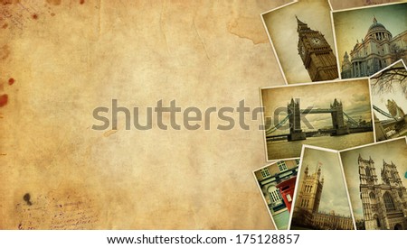 Vintage travel background with old photos of London. Space for text