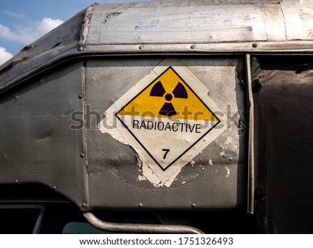 Radiation warning sign on the Hazardous materials transport label Class 7 at the transport truck