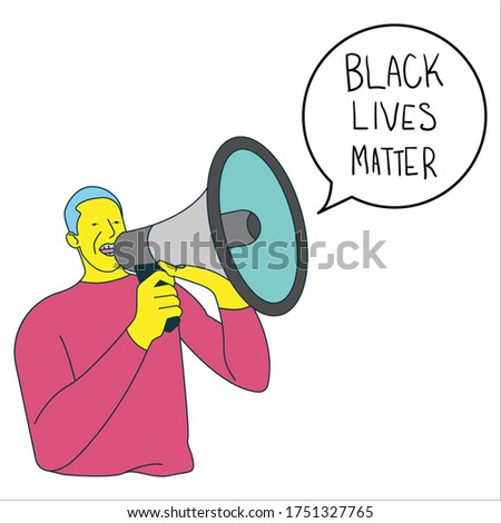 man protest wearing red cloth holding megaphone yelling black lives matter vector illustration 