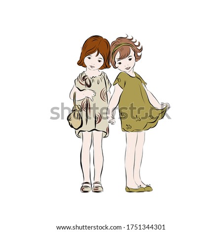 Little happy girlfriends in retro style dressed in dress stand together and hold hands. 