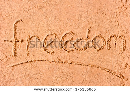 Freedom written on wet sand at the sea