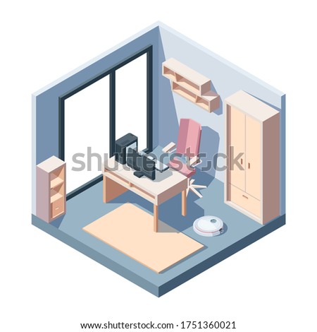 Study room isometric concept. Office modern design study room center computer chair table computer programmable cleaner large fashionable window entire wardrobe things corner. Vector illustration. Royalty-Free Stock Photo #1751360021