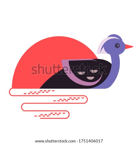 Bright, colorful bird-mandarin duck on a background of sun and water. Vector illustration on a colored background. Logo. Flat design.
