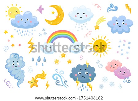 Weather emoticon flat icon set. Cartoon rainbow, rain and snow clouds, sun, moon, star, lightening, wind isolated vector illustration collection. Meteorology and sky concept Royalty-Free Stock Photo #1751406182