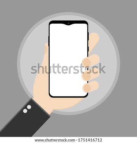 Human hand holding smartphone / mobile cellular phone. Hand holding black bezel less smartphone with blank white screen on grey background with glare. Vector illustration eps10