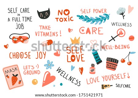 Set of design elements on self-care theme, letterings and other elements. Flat cartoon vector illustration, hand drawn style, isolated on white. Positive, health, beauty and wellness concept. 