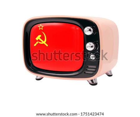 The retro old TV is isolated against a white background with the flag of USSR